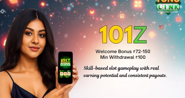 An Indian woman holding a smartphone showing the 101Z app logo, highlighting the welcome bonus and fast withdrawals for fair skill-based slot gameplay