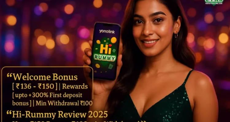 A woman holding a phone featuring “Hi Rummy,” with floating coins around her and warm background colors.