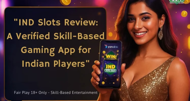 A woman holding a phone featuring IND Slots graphics, with floating coin icons and a bright blurred background.