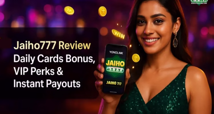 A woman holding a phone showing “Jaiho777,” with scattered gold coins and a colorful soft-focused background.