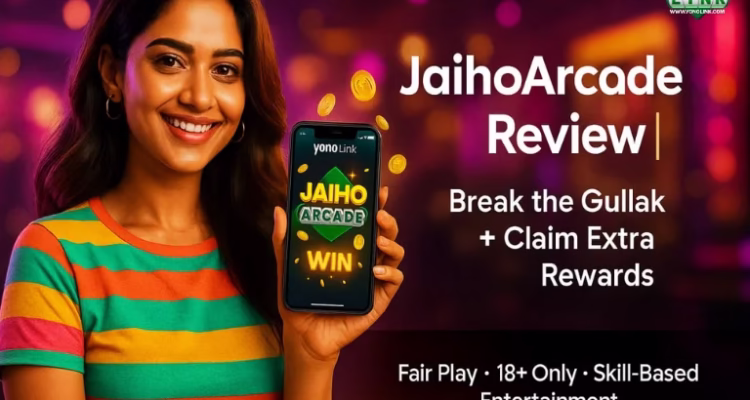 A woman holding a phone featuring the Jaiho Arcade interface, surrounded by floating coins and bright background lighting.
