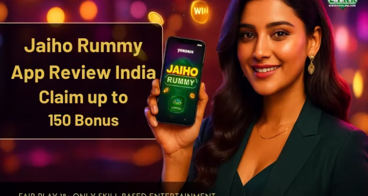 A woman holding a phone displaying “Jaiho Rummy,” with warm lighting and floating gold coins behind her.
