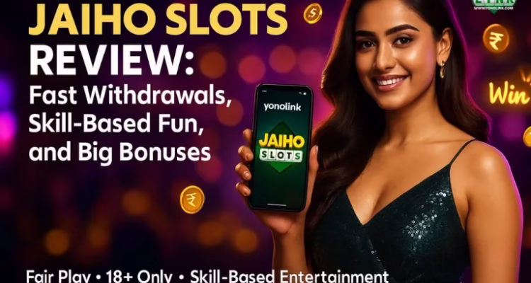 A woman holding a phone featuring the Jaiho Slots screen, surrounded by gold coin graphics on a vibrant background.