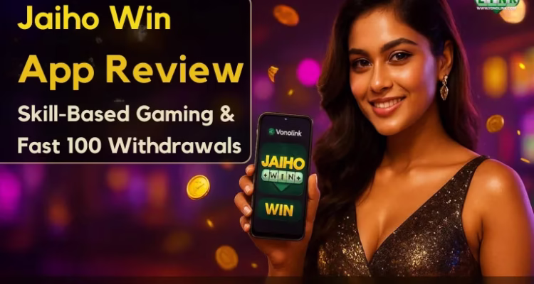 A woman holding a phone displaying “JAIHO WIN,” with floating gold coins and a blurred colorful background.