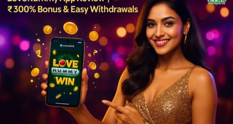 A woman holding a phone showing “LOVE RUMMY WIN,” surrounded by floating gold coins against a colorful blurred backdrop.