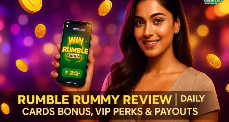 A woman holding a phone displaying “WIN RUMBLE RUMMY,” with floating coins and a bright, blurred background.
