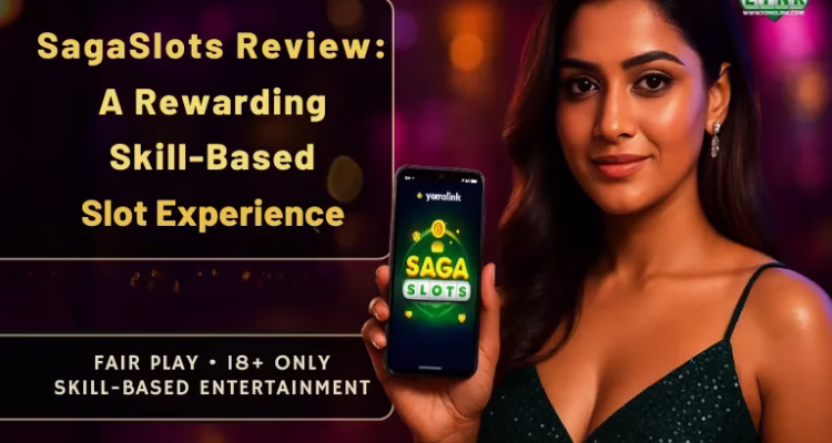 Saga Slots Yono APK download 2026 skill-based gaming review banner.