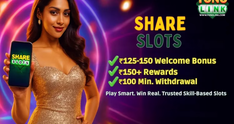 Share Slots 777 APK download banner with mobile app preview.
