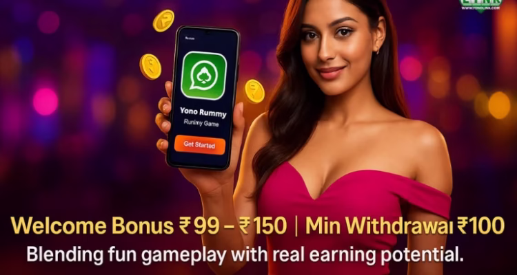 YONO Rummy review banner showing welcome bonus ₹99 - ₹150 and ₹100 withdrawal.