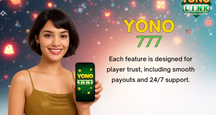 A woman holding a phone showing “Yono777,” with gold coin graphics floating around a soft colorful backdrop.