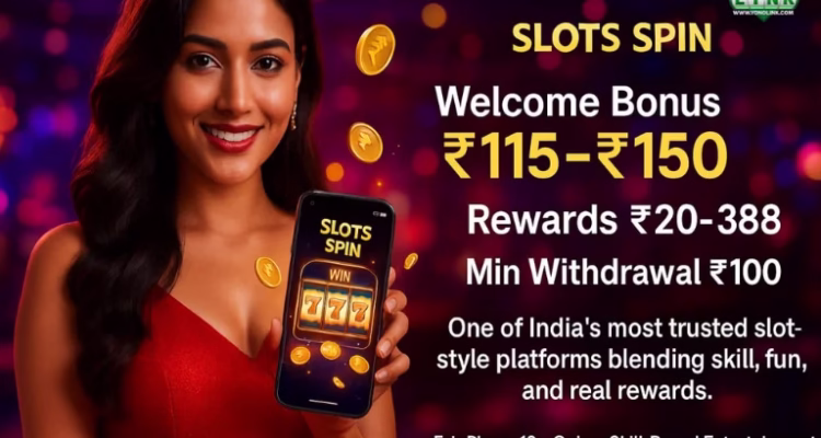 A woman holding a phone showing the Slots Spin screen, surrounded by coin icons and colorful lights.