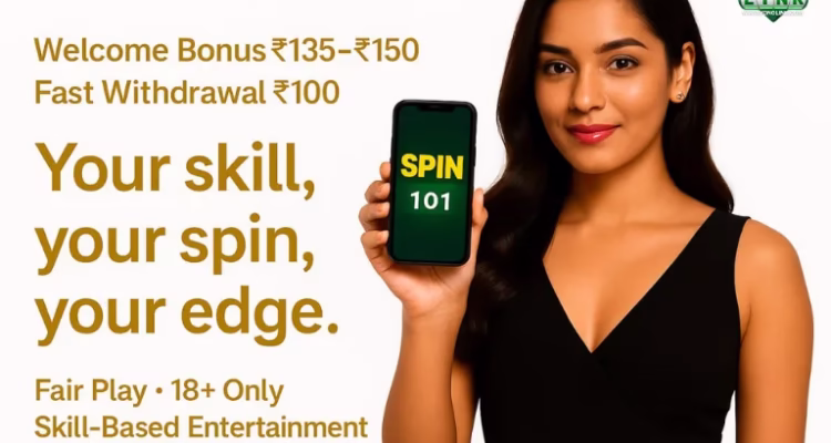 A woman holding a phone showing “Spin 101,” against a plain white background with minimal decoration.