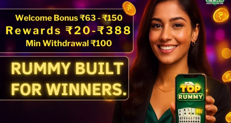 A woman holding a phone showing “Top Rummy,” with floating coins and a bright, blurred background.