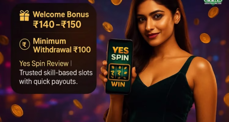 A woman holding a phone displaying Yes Spin graphics, with gold coins surrounding her against a colorful backdrop.