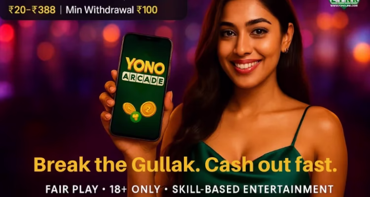 YONO Arcade review banner showing welcome bonus ₹99 - ₹150 and ₹100 withdrawal.