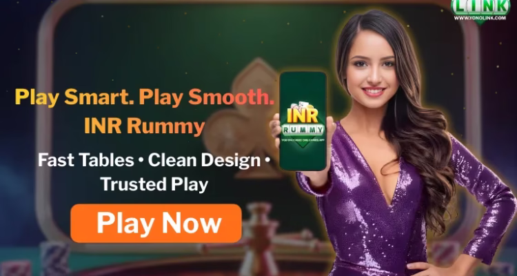 INR rummy game review India 2026 updated informational banner with mobile rummy app preview.