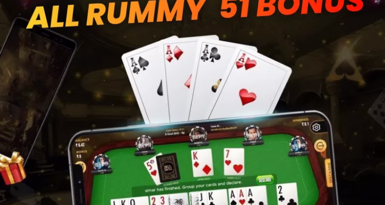 All rummy 51 bonus apps India informational banner with mobile card game display.