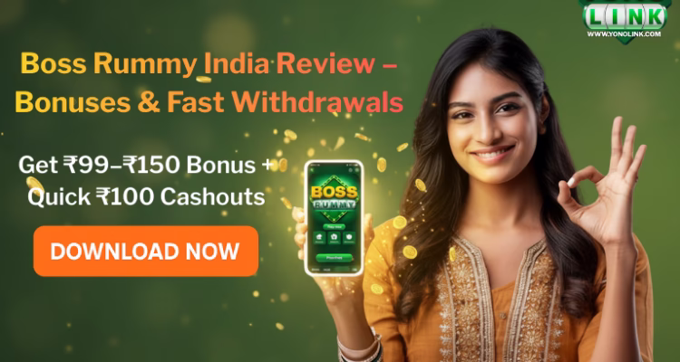 Boss rummy apk download India 2026 informational banner with mobile rummy app preview.