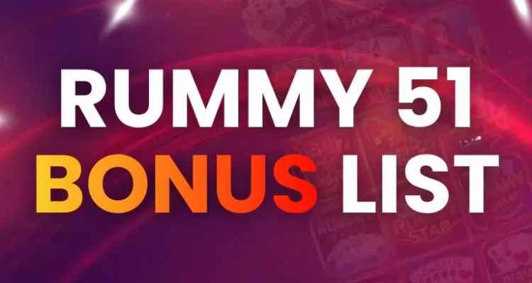 Rummy 51 bonus list 2026 banner with bold red gaming design.