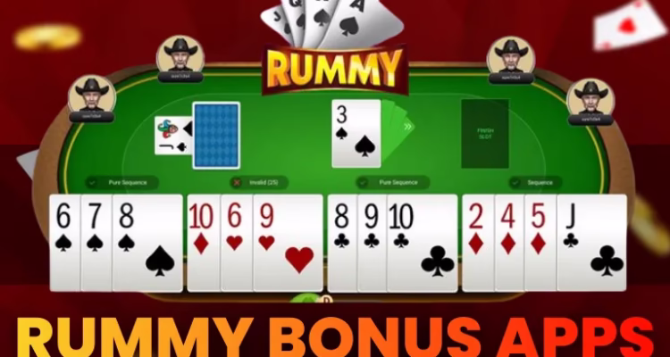 7 rummy bonus apps India 2026 informational banner with mobile card game layout.