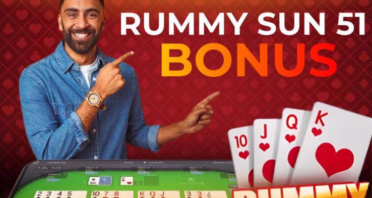 Rummy Sun 51 bonus India 2026 banner with card game preview.