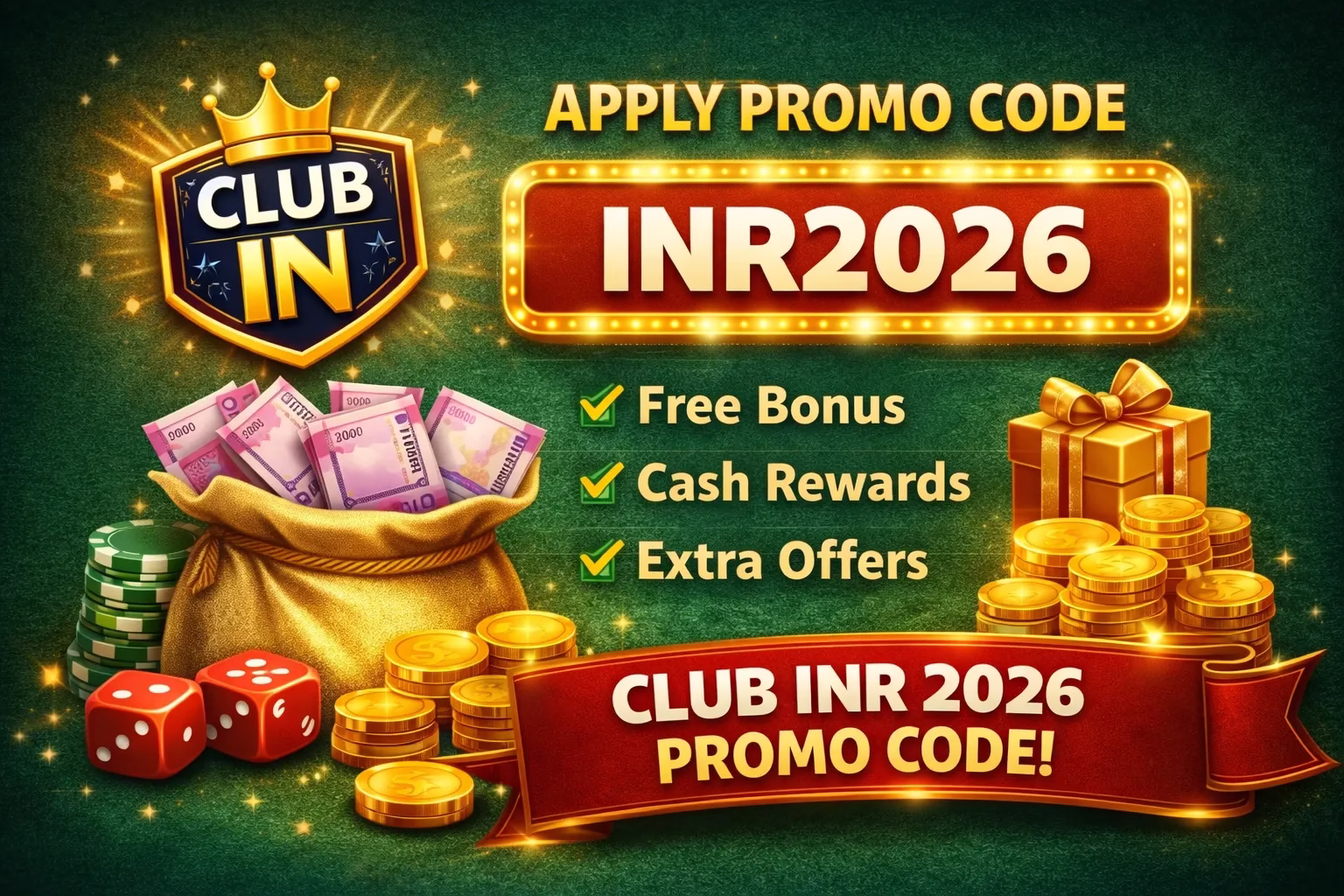 Club INR 2026 promo code guide banner with bonus and cash rewards details.