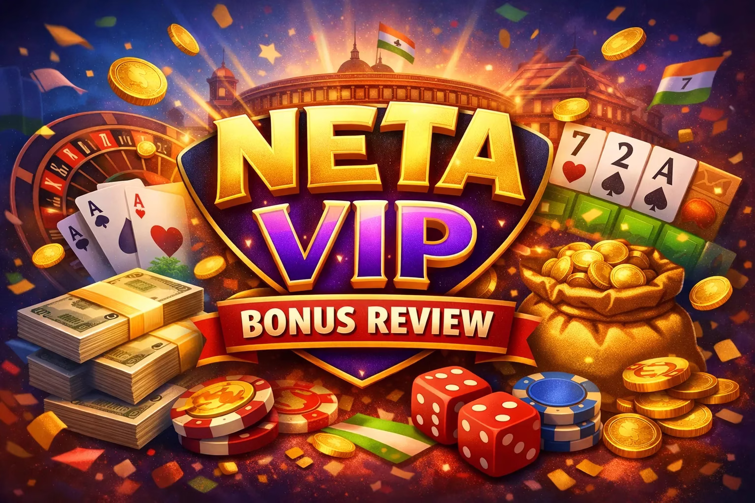 Neta VIP bonus review India 2026 updated informational banner with rewards and gaming visuals.