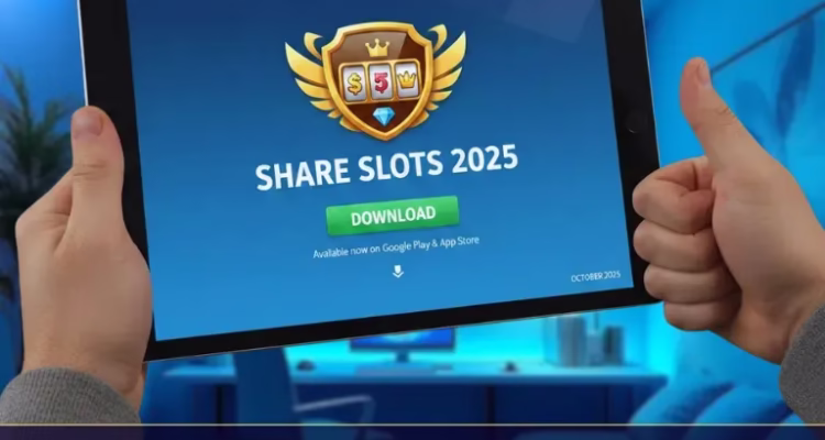 Share Slots game download 2026 guide with tablet app screen.