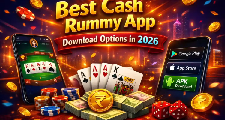 Cash rummy app download India 2026 updated banner with mobile card game options.