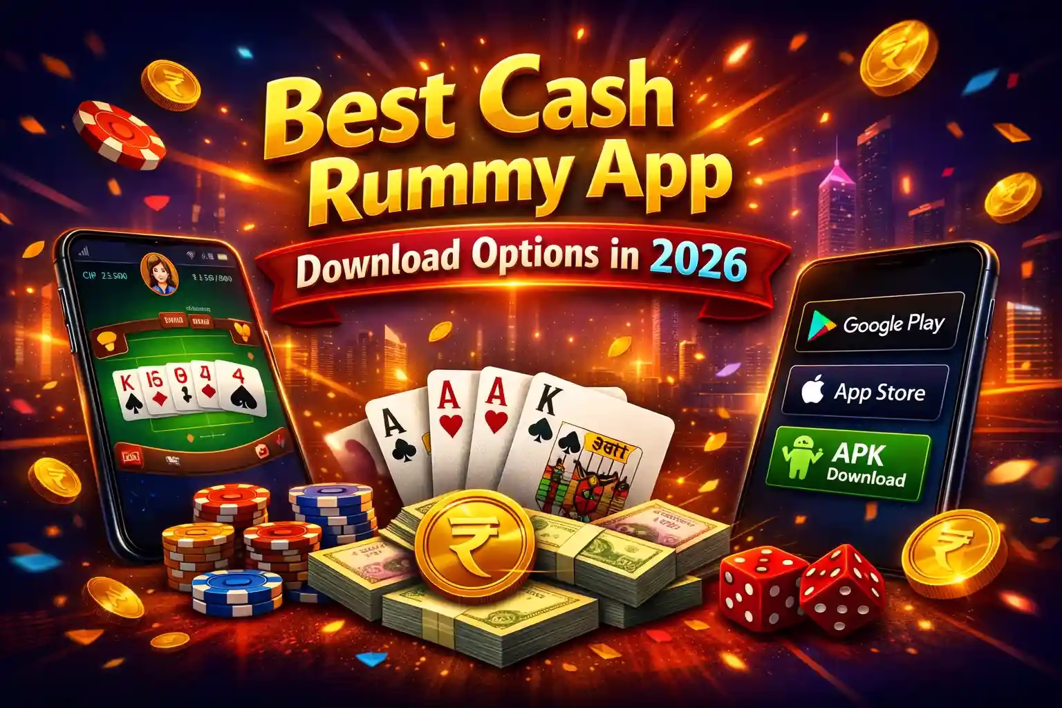 Cash rummy app download India 2026 updated banner with mobile card game options.