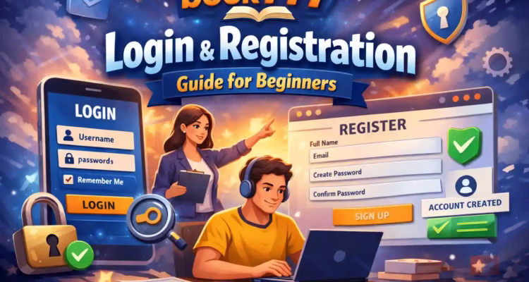 Book777 login registration guide informational banner for beginners.