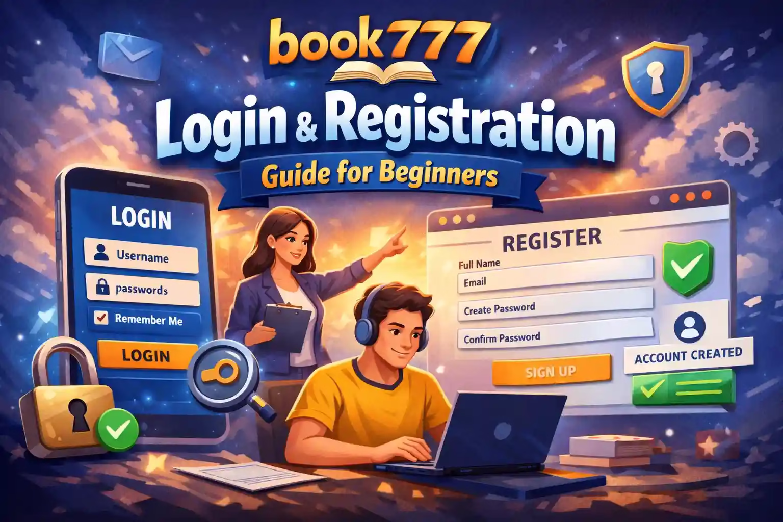 Book777 login registration guide informational banner for beginners.