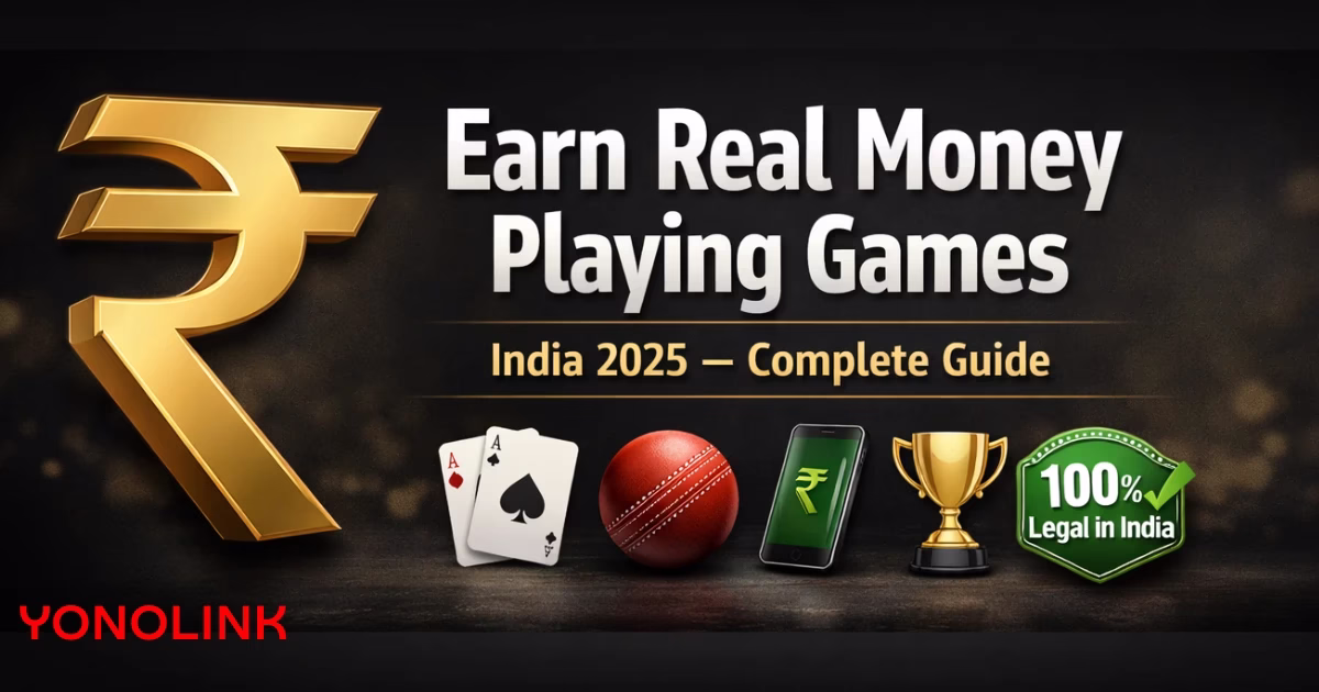 Earn real money games India updated guide banner with gaming and rewards theme.