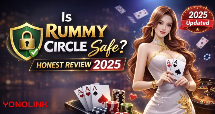 Is rummy circle safe updated review banner with cards and safety check theme.