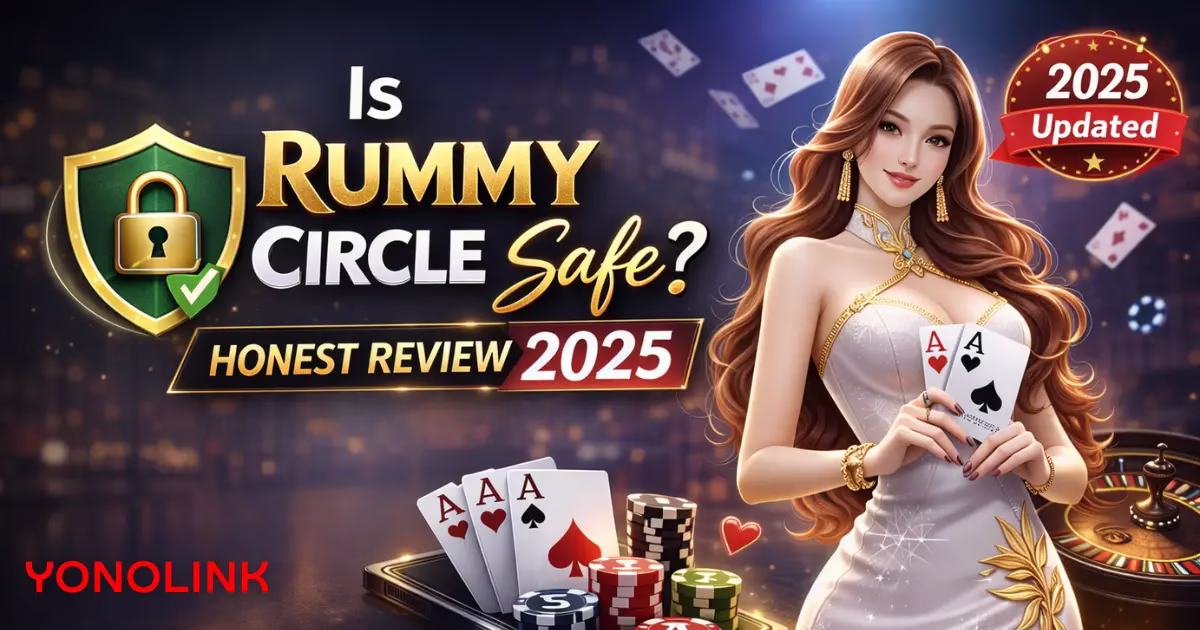 Is rummy circle safe updated review banner with cards and safety check theme.