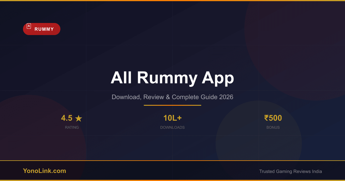 All rummy app informational banner with download guide and review details.