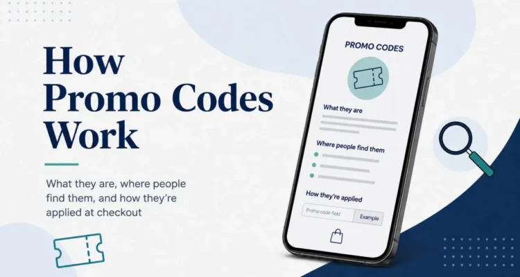 101 characters: Editorial image explaining how promo codes work, with phone screen, coupon icon, and checkout example