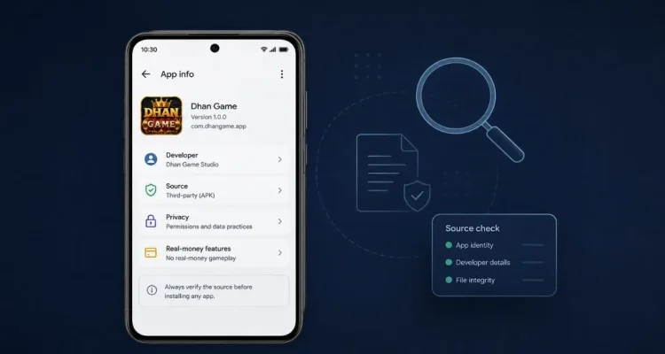 Dhan Game app details on a phone with source, developer, privacy, and data safety verification checks