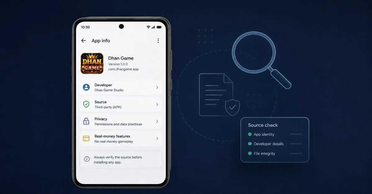 Dhan Game app details on a phone with source, developer, privacy, and data safety verification checks