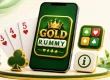 3D Gold Rummy app on a smartphone with 3, 4 and 5 of hearts, game icons, and a green-and-gold background