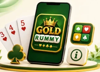 3D Gold Rummy app on a smartphone with 3, 4 and 5 of hearts, game icons, and a green-and-gold background