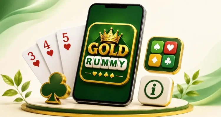 3D Gold Rummy app on a smartphone with 3, 4 and 5 of hearts, game icons, and a green-and-gold background