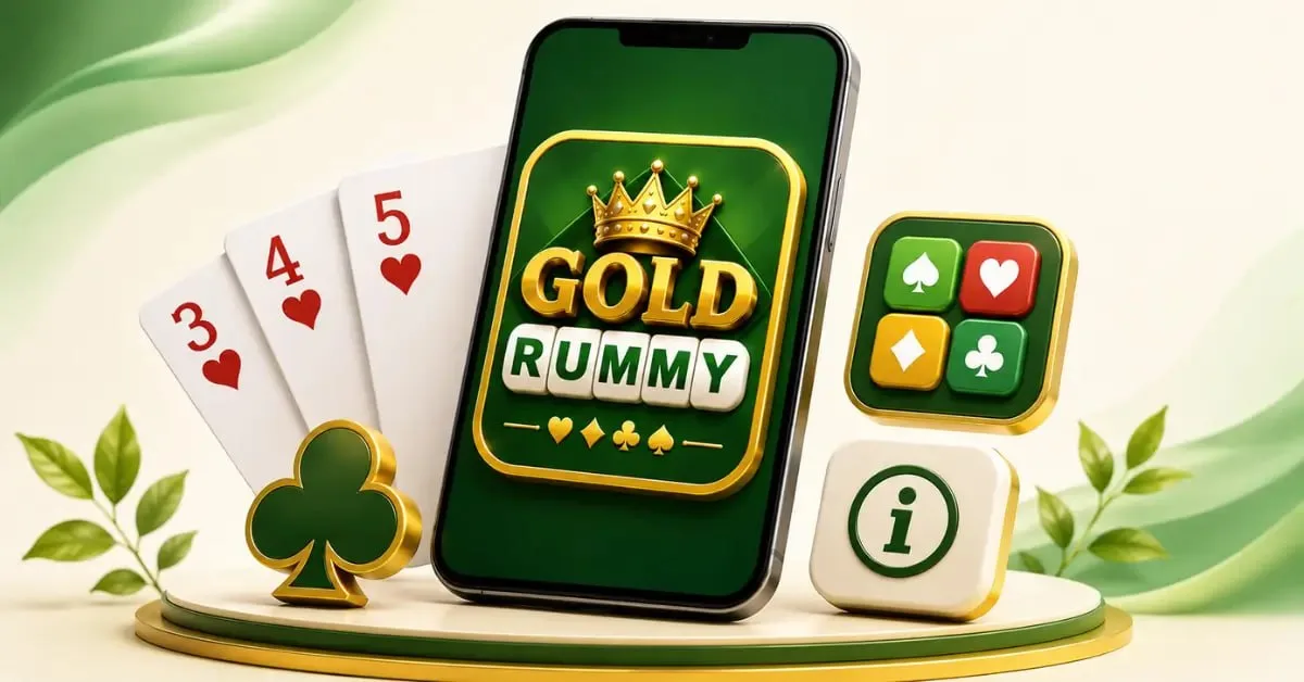 3D Gold Rummy app on a smartphone with 3, 4 and 5 of hearts, game icons, and a green-and-gold background
