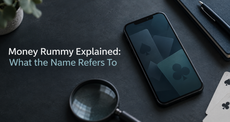 Money Rummy article cover showing a smartphone with playing-card shapes beside a magnifying glass on a dark desk.