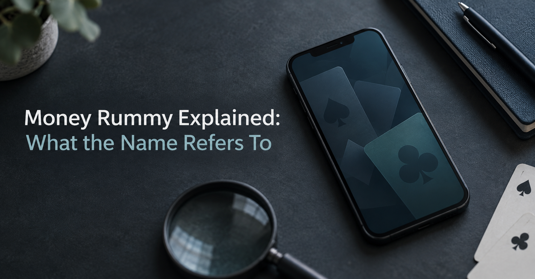 Money Rummy article cover showing a smartphone with playing-card shapes beside a magnifying glass on a dark desk.