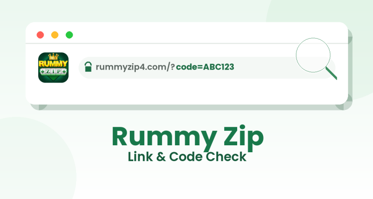 Rummy Zip browser mockup showing the rummyzip4.com referral link with the code highlighted by a magnifying glass, labelled Link and Code Check.