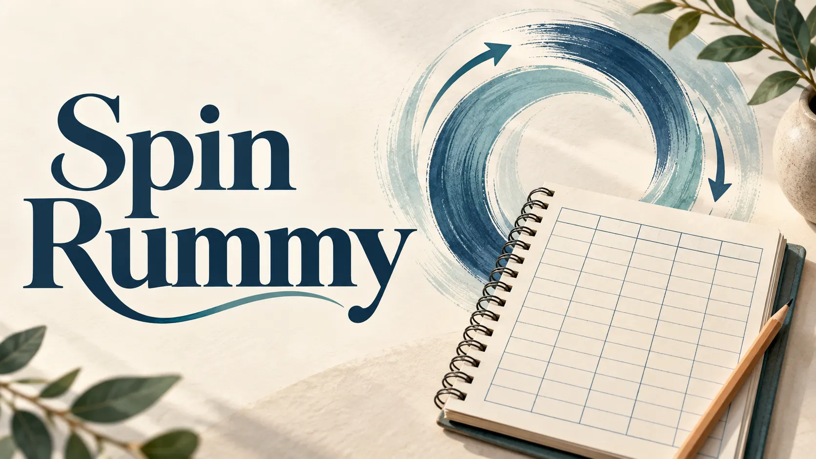 Spin Rummy title beside a blank grid notebook, pencil and blue circular arrows.