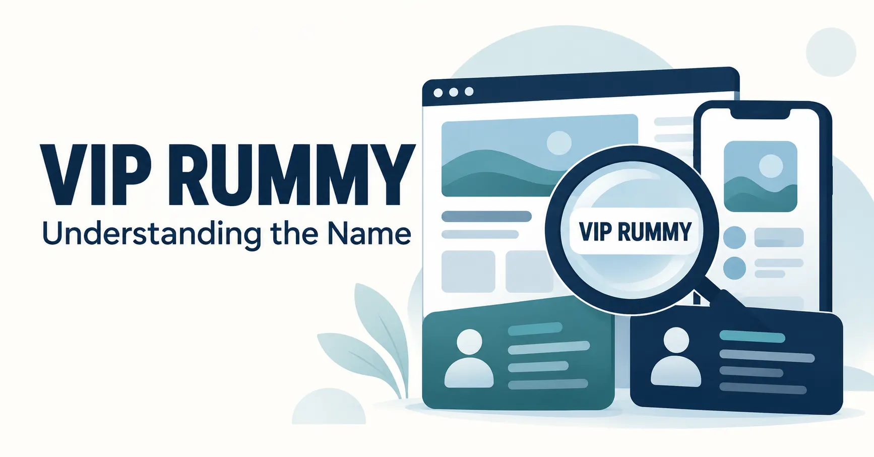 Vip Rummy editorial illustration showing a website, smartphone and identity cards beneath a magnifying glass.