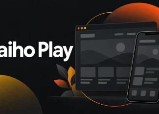 Jaiho Play text beside stylized browser and smartphone screens on a dark background with orange and yellow accents.